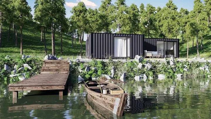 Modern Striped Stylish Container House by the Lake